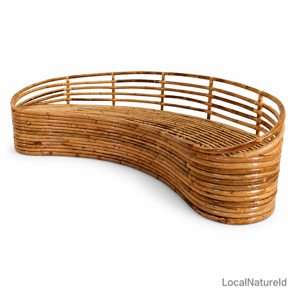 Handcrafted Curved Rattan Daybed Sofa Frame / Sculptural Banana-Shaped Woven Lounge Settee Base for Custom Upholstery