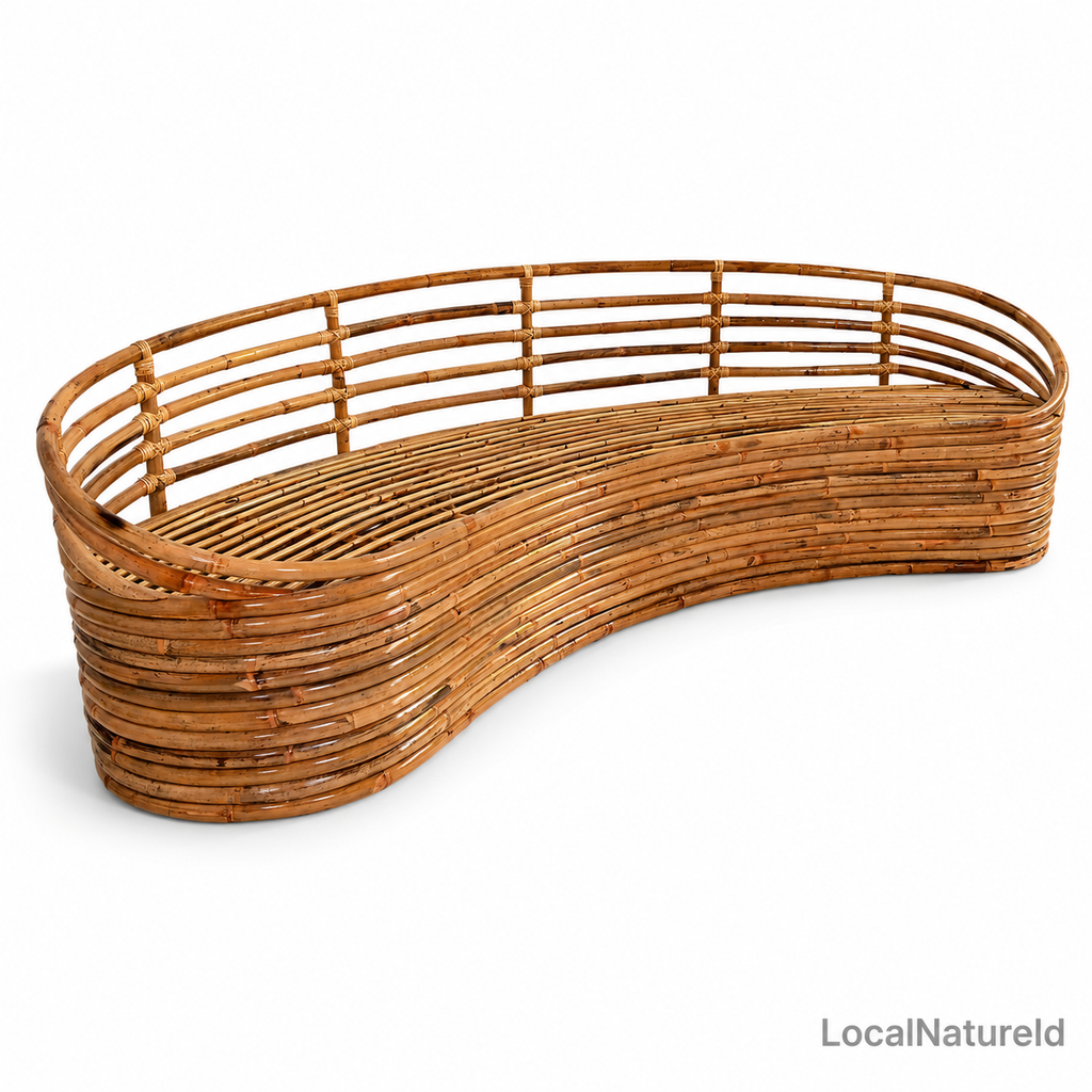Handcrafted Curved Rattan Daybed Sofa Frame / Sculptural Banana-Shaped Woven Lounge Settee Base for Custom Upholstery