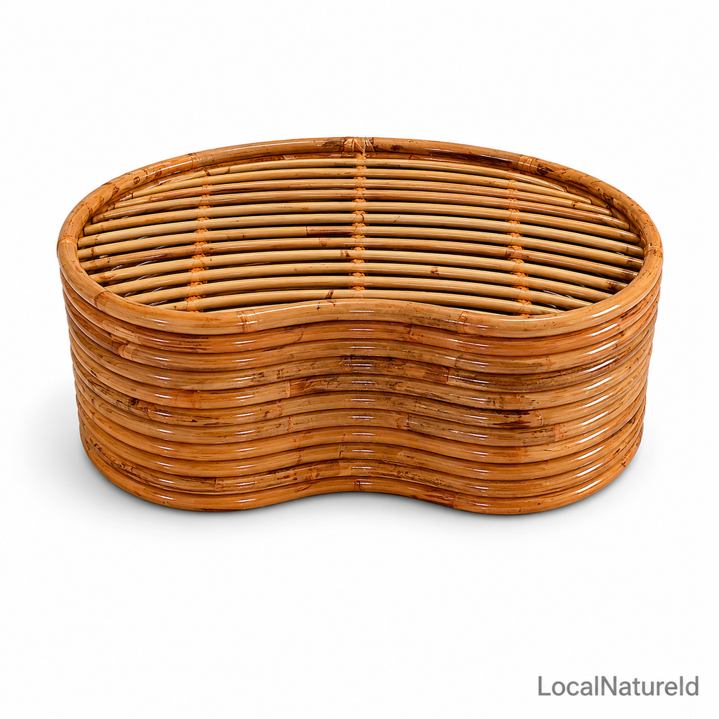 Handcrafted Curved Rattan Ottoman Footstool / Luxury Kidney-Shaped Woven Coffee Table Bench with Custom Cushion