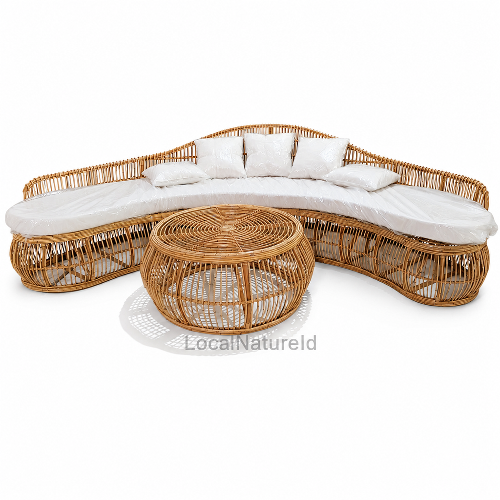 Handcrafted Curved Rattan Sofa and Coffee Table Set / Luxury Banana-Shaped Lounge Daybed with Cushions and Matching Round Center Table