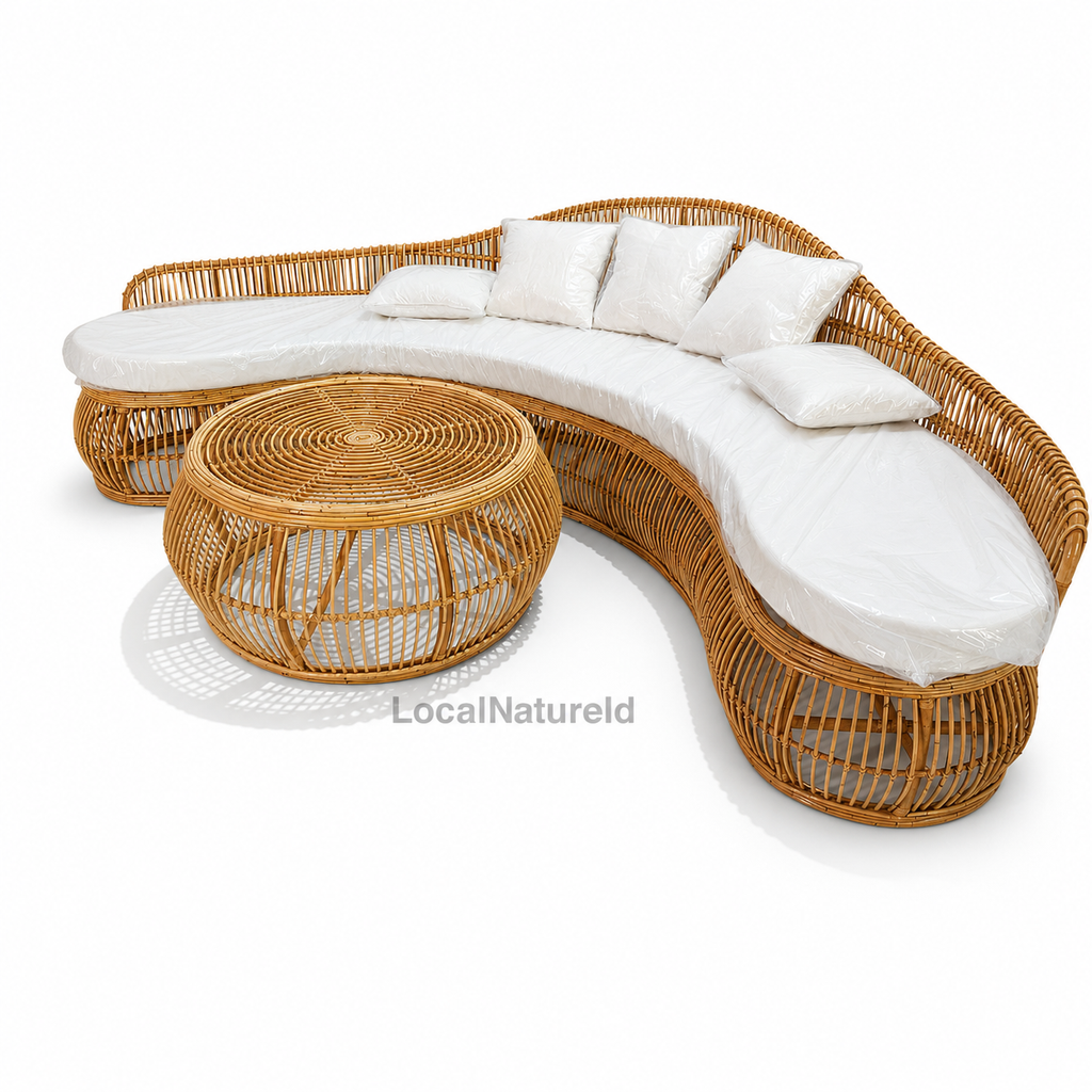 Handcrafted Curved Rattan Sofa and Coffee Table Set / Luxury Banana-Shaped Lounge Daybed with Cushions and Matching Round Center Table