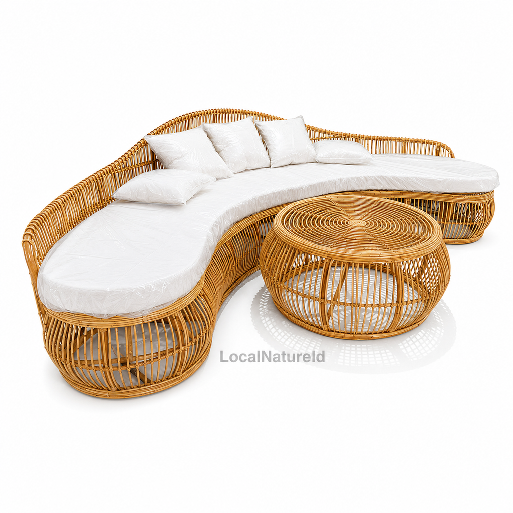 Handcrafted Curved Rattan Sofa and Coffee Table Set / Luxury Banana-Shaped Lounge Daybed with Cushions and Matching Round Center Table