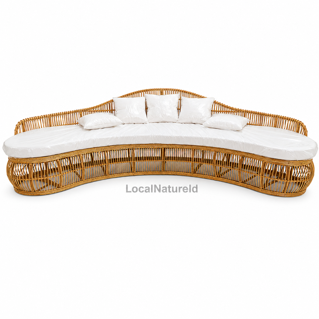 Handcrafted Curved Rattan Sofa and Coffee Table Set / Luxury Banana-Shaped Lounge Daybed with Cushions and Matching Round Center Table
