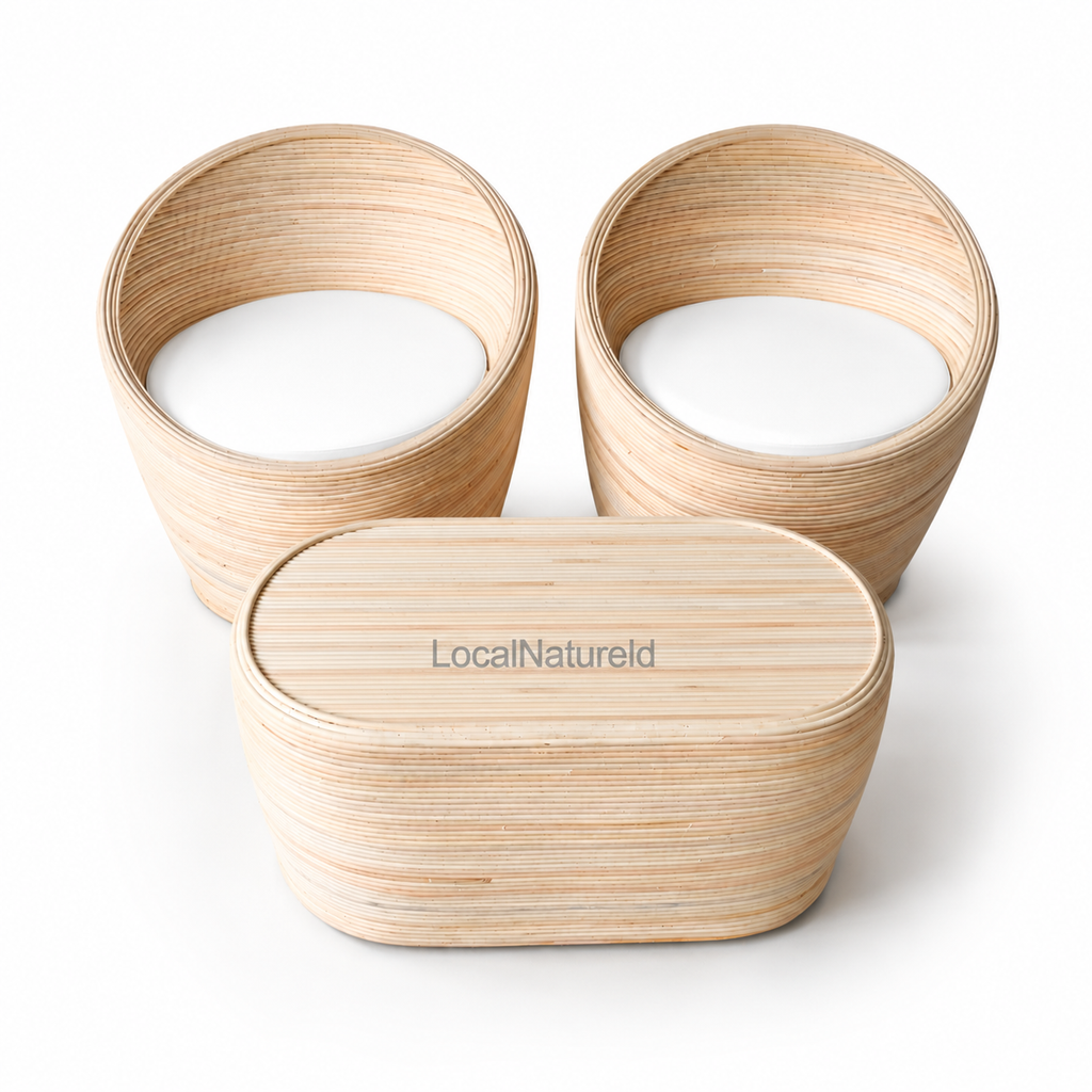 Minimalist Rattan Bistro Conversation Set / Luxury Round Tub Chairs and Oval Coffee Table Trio with Custom Cushions