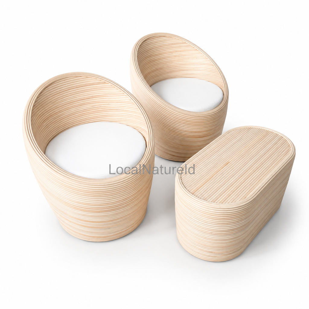 Minimalist Rattan Bistro Conversation Set / Luxury Round Tub Chairs and Oval Coffee Table Trio with Custom Cushions
