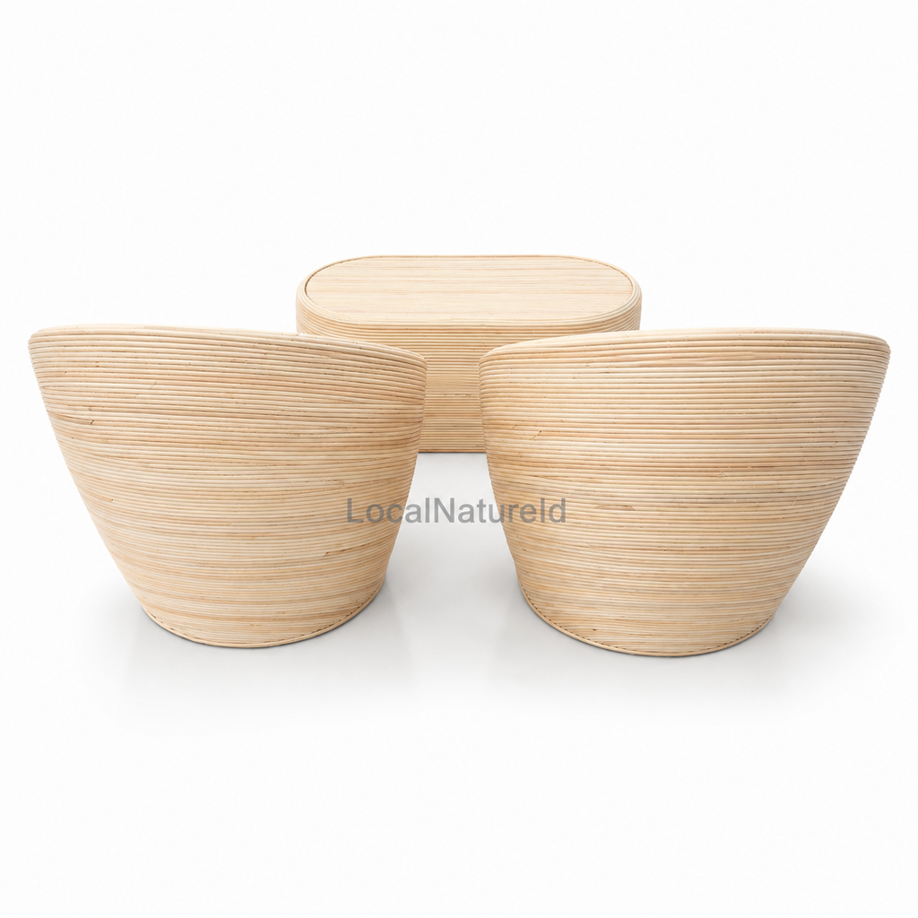 Minimalist Rattan Bistro Conversation Set / Luxury Round Tub Chairs and Oval Coffee Table Trio with Custom Cushions