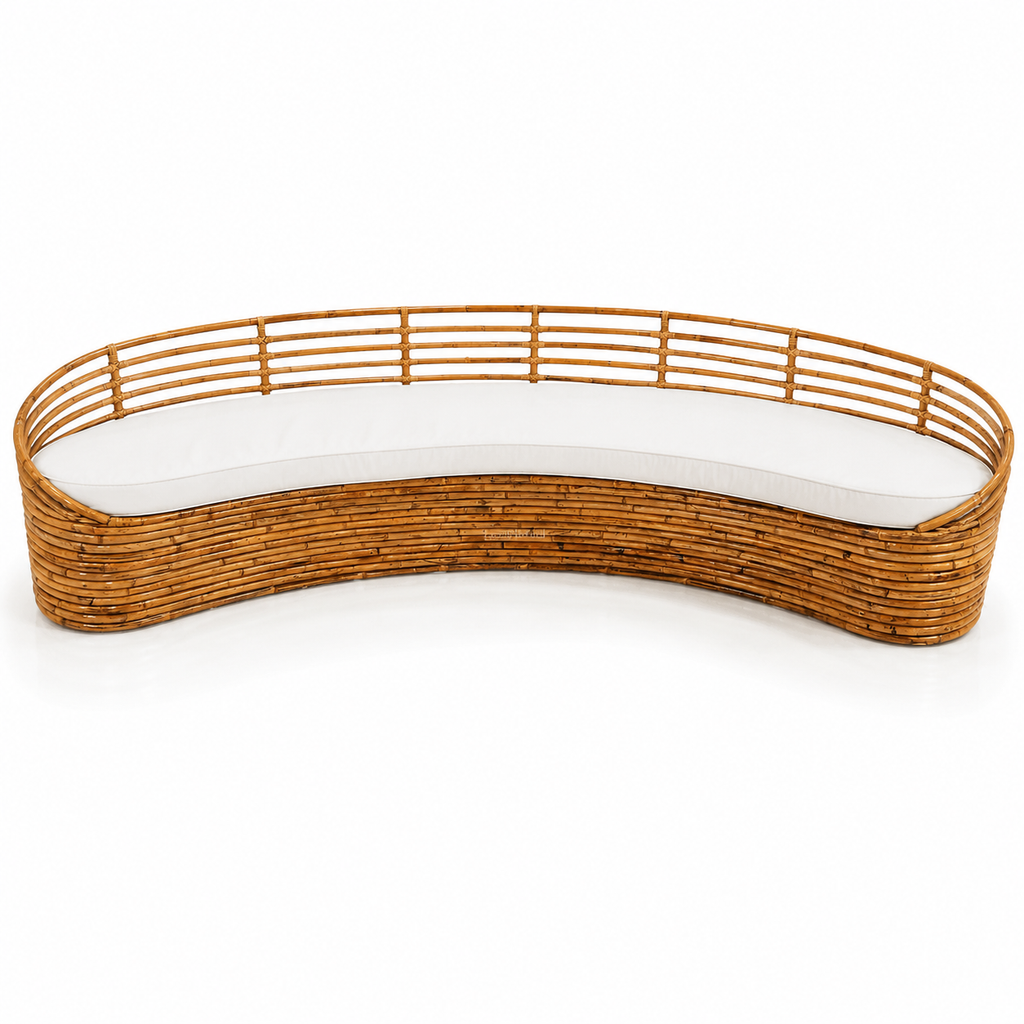 Handcrafted Curved Rattan Daybed Sofa with Cushion / Luxury Banana-Shaped Woven Lounge Settee for Living Room & Covered Patio