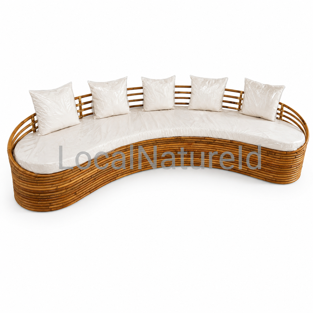 Handcrafted Curved Rattan Daybed Sofa with Full Cushion Set / Luxury Banana-Shaped Lounge Settee with 5 Accent Pillows for Living Room