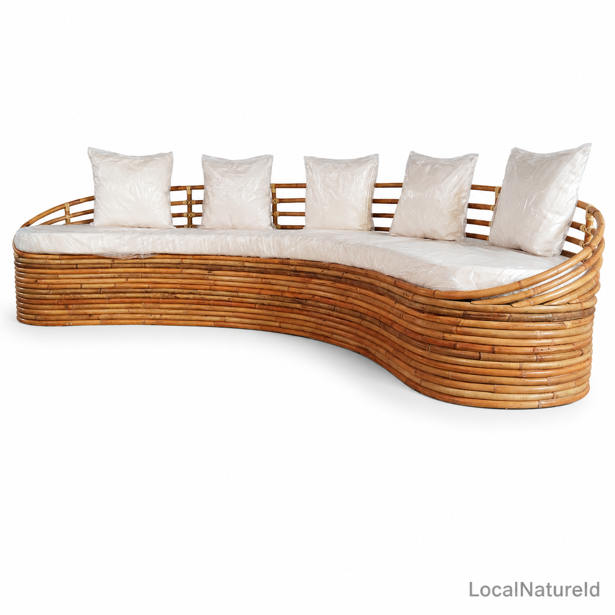 Handcrafted Curved Rattan Daybed Sofa with Full Cushion Set / Luxury Banana-Shaped Lounge Settee with 5 Accent Pillows for Living Room