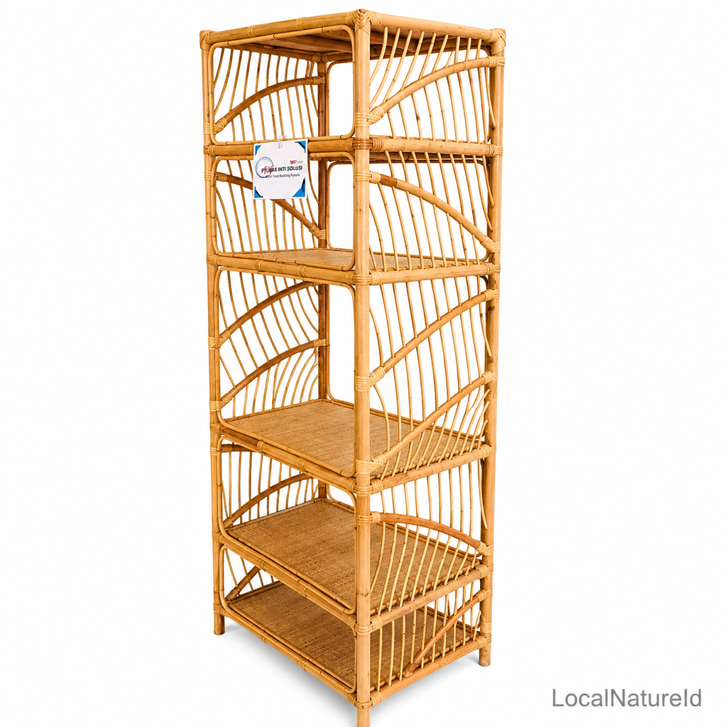 Rectangular Rattan Bookshelf / Luxury 5-Tier Woven Cane Display Rack with Elegant Fan-Slat Side Paneling