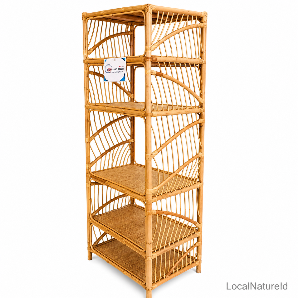 Rectangular Rattan Bookshelf / Luxury 5-Tier Woven Cane Display Rack with Elegant Fan-Slat Side Paneling