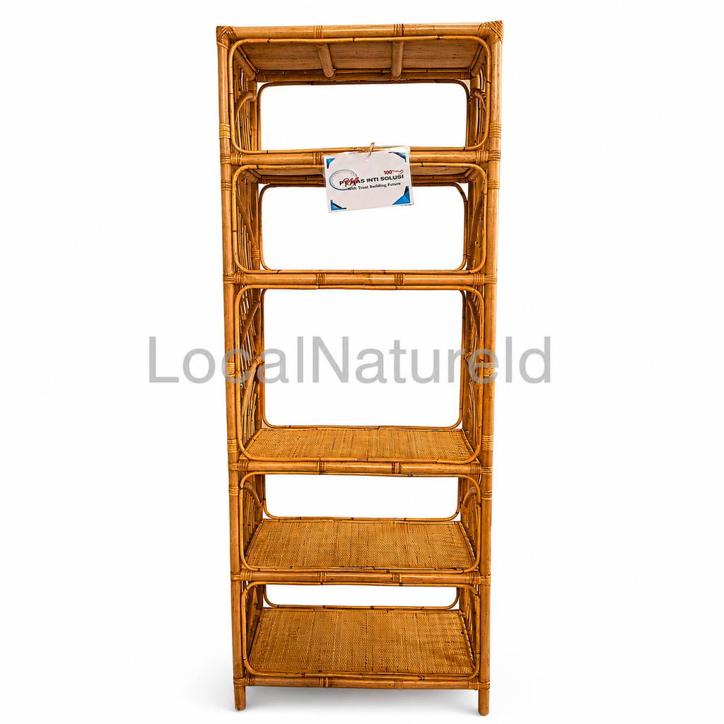 Rectangular Rattan Bookshelf / Luxury 5-Tier Woven Cane Display Rack with Elegant Fan-Slat Side Paneling