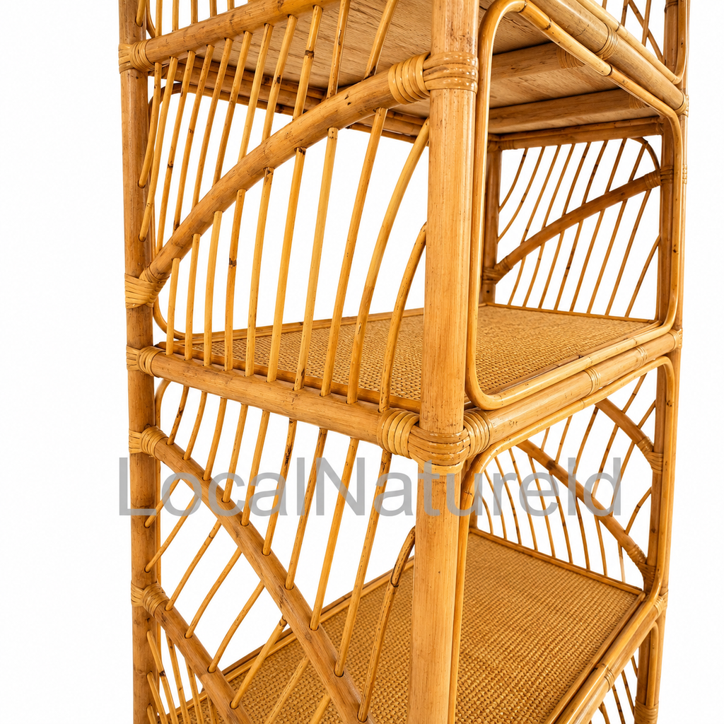 Rectangular Rattan Bookshelf / Luxury 5-Tier Woven Cane Display Rack with Elegant Fan-Slat Side Paneling