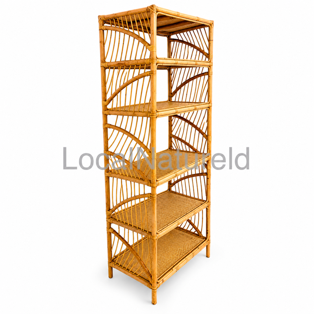 Rectangular Rattan Bookshelf / Luxury 5-Tier Woven Cane Display Rack with Elegant Fan-Slat Side Paneling