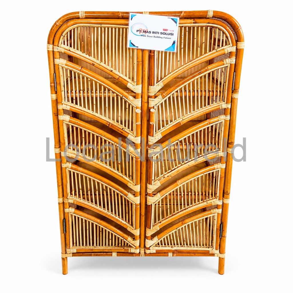 Double-Door Rattan Cabinet / Luxury 4-Tier Woven Cane Storage Wardrobe and Bohemian Sideboard Cupboard Unit