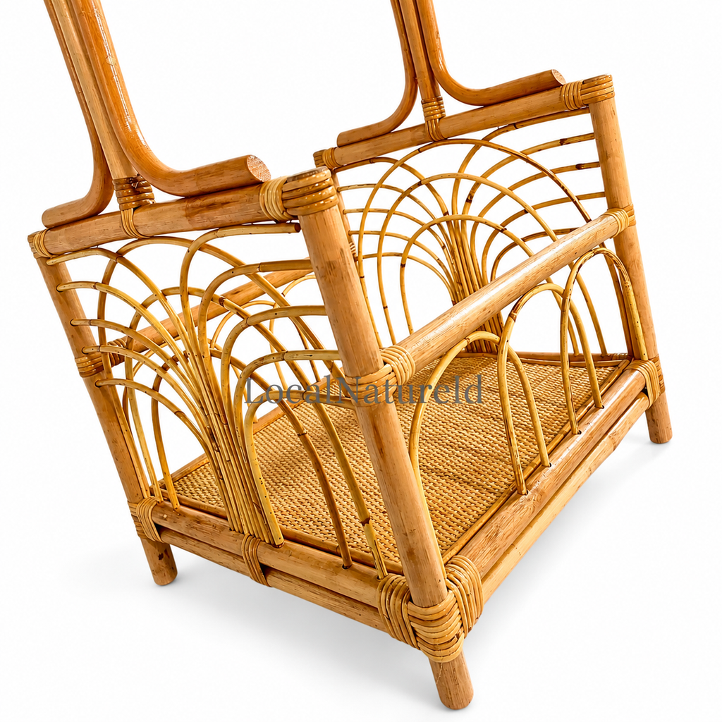 Tall Rattan Valet Stand / Luxury Freestanding Plant Tower and Bohemian Planter Basket with Crown Detail