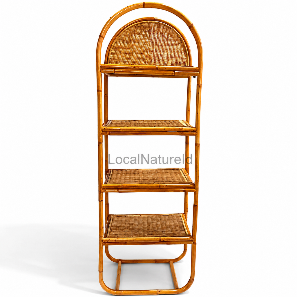 Arched Rattan Bookshelf / Luxury 4-Tier Woven Cane Display Rack and Bohemian Home Storage Shelf Unit