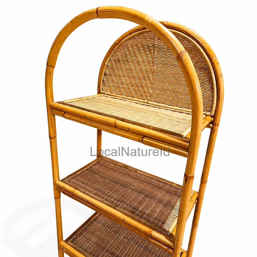 Arched Rattan Bookshelf / Luxury 4-Tier Woven Cane Display Rack and Bohemian Home Storage Shelf Unit