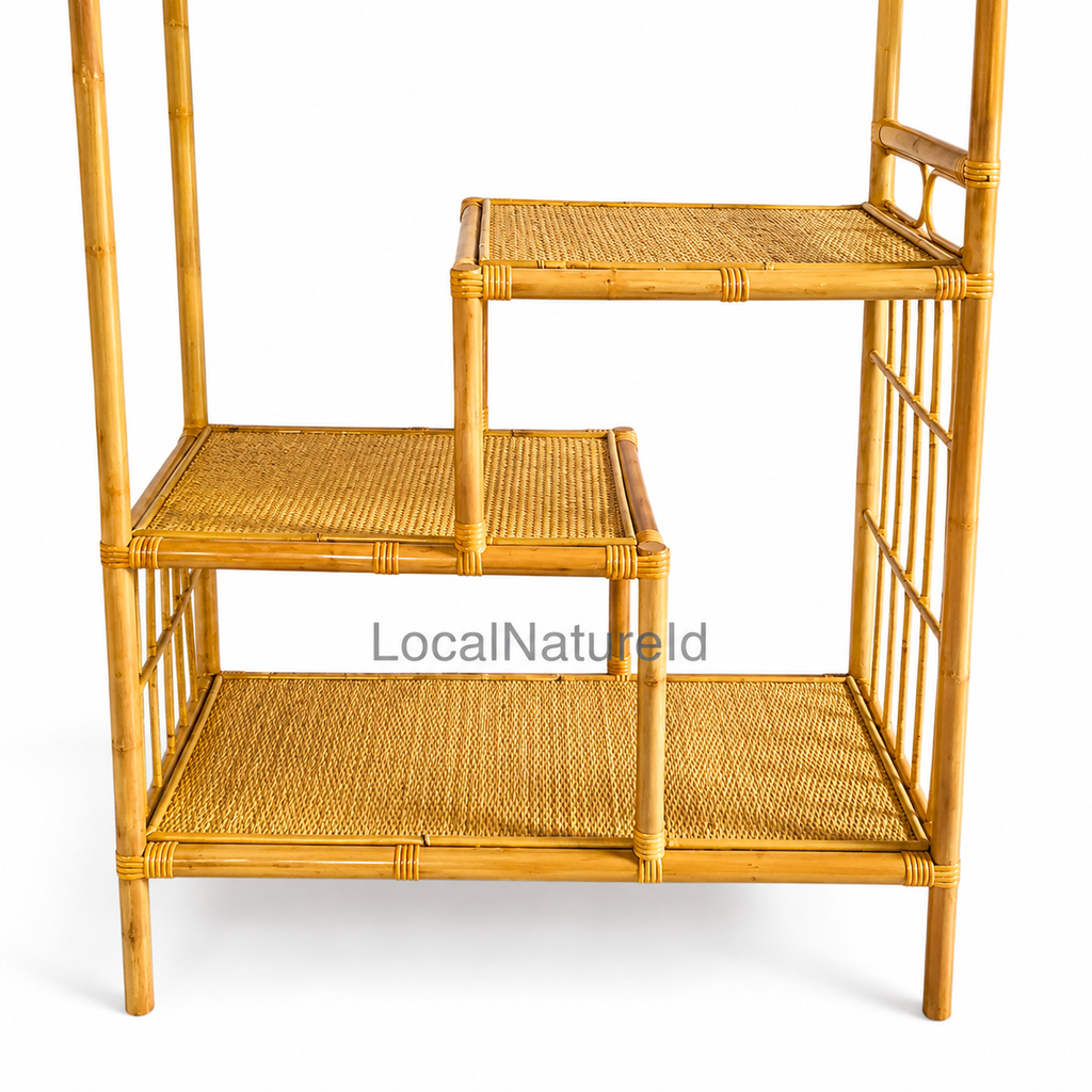 Asymmetric Rattan Display Shelf / Luxury Multi-Tier Staggered Cane Plant Stand and Geometric Bookcase Rack