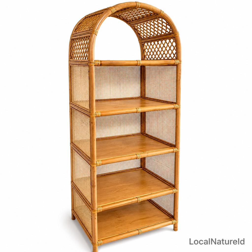 Deep Arched Rattan Bookshelf / Luxury 5-Tier Woven Cane Cabinet Display Rack and Bohemian Living Room Storage Tower