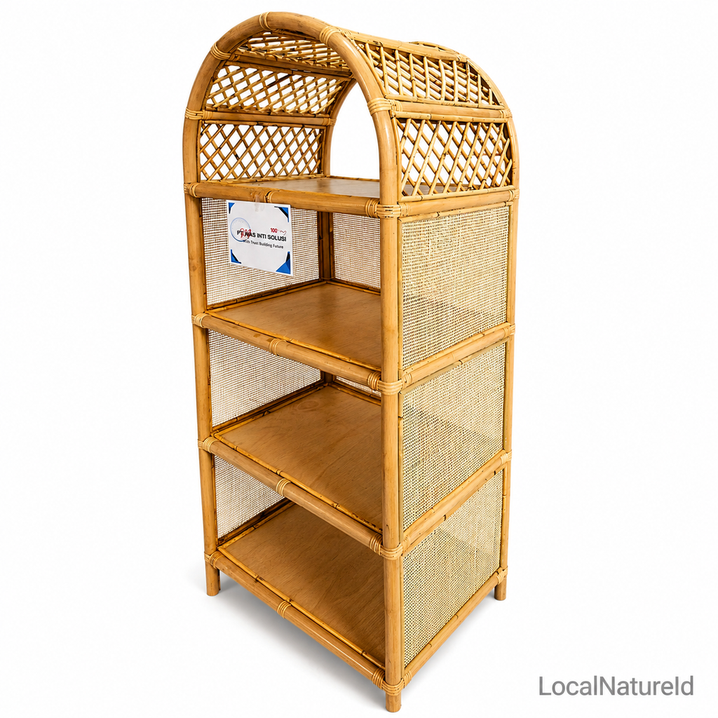 Deep Arched Rattan Bookshelf / Luxury 5-Tier Woven Cane Cabinet Display Rack and Bohemian Living Room Storage Tower