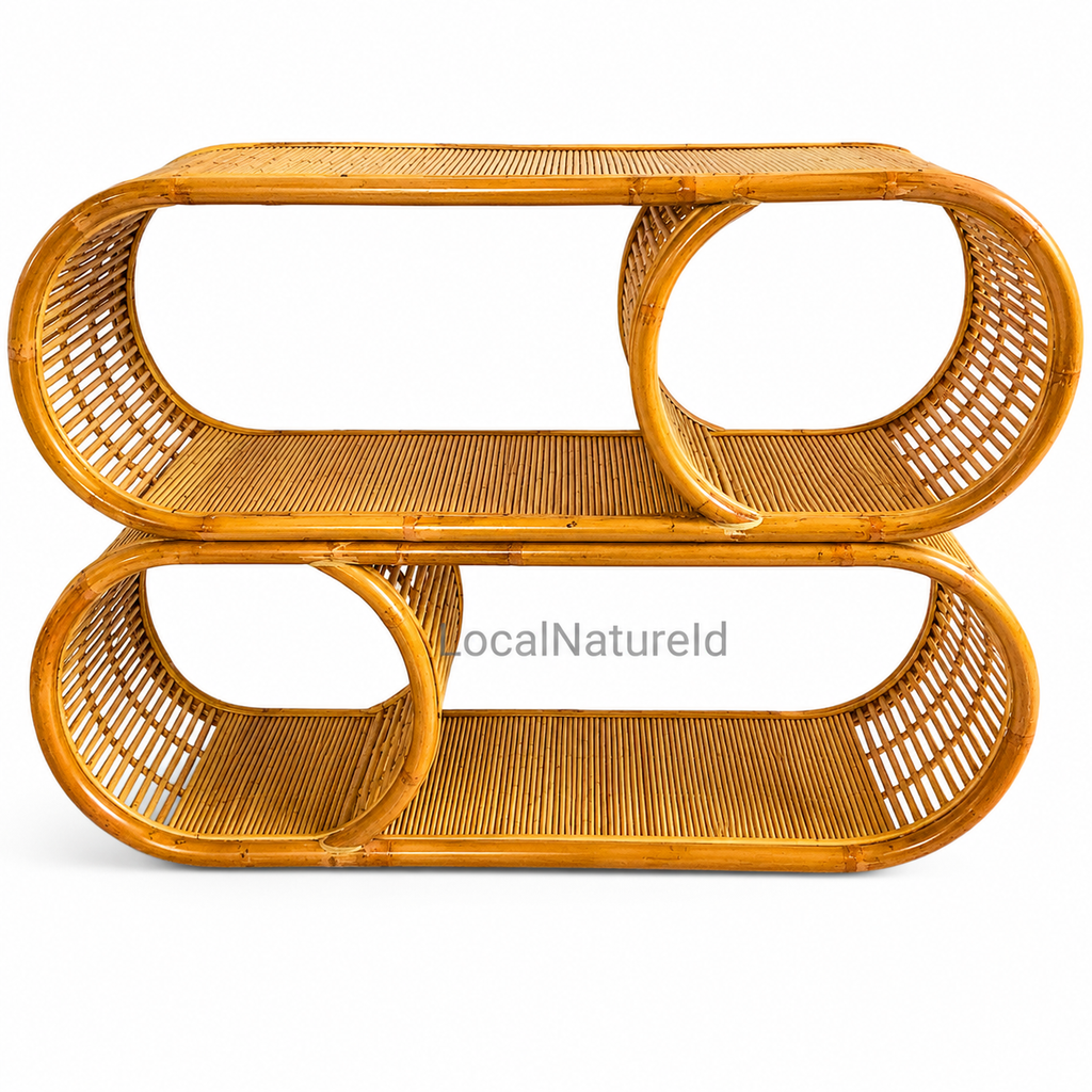 Oval Capsule Rattan Shelving Unit / Luxury Modular Multi-Tier Split-Level Cane Display Rack and Bohemian Horizontal Console Shelf