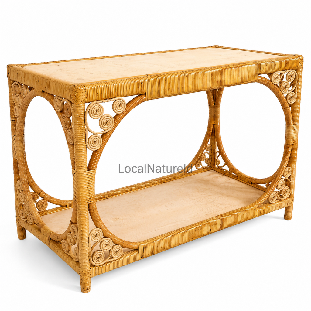 Oval-Framed Rattan Console Table / Luxury 2-Tier Woven Reed Sideboard and Bohemian Entryway Vanity Credenza
