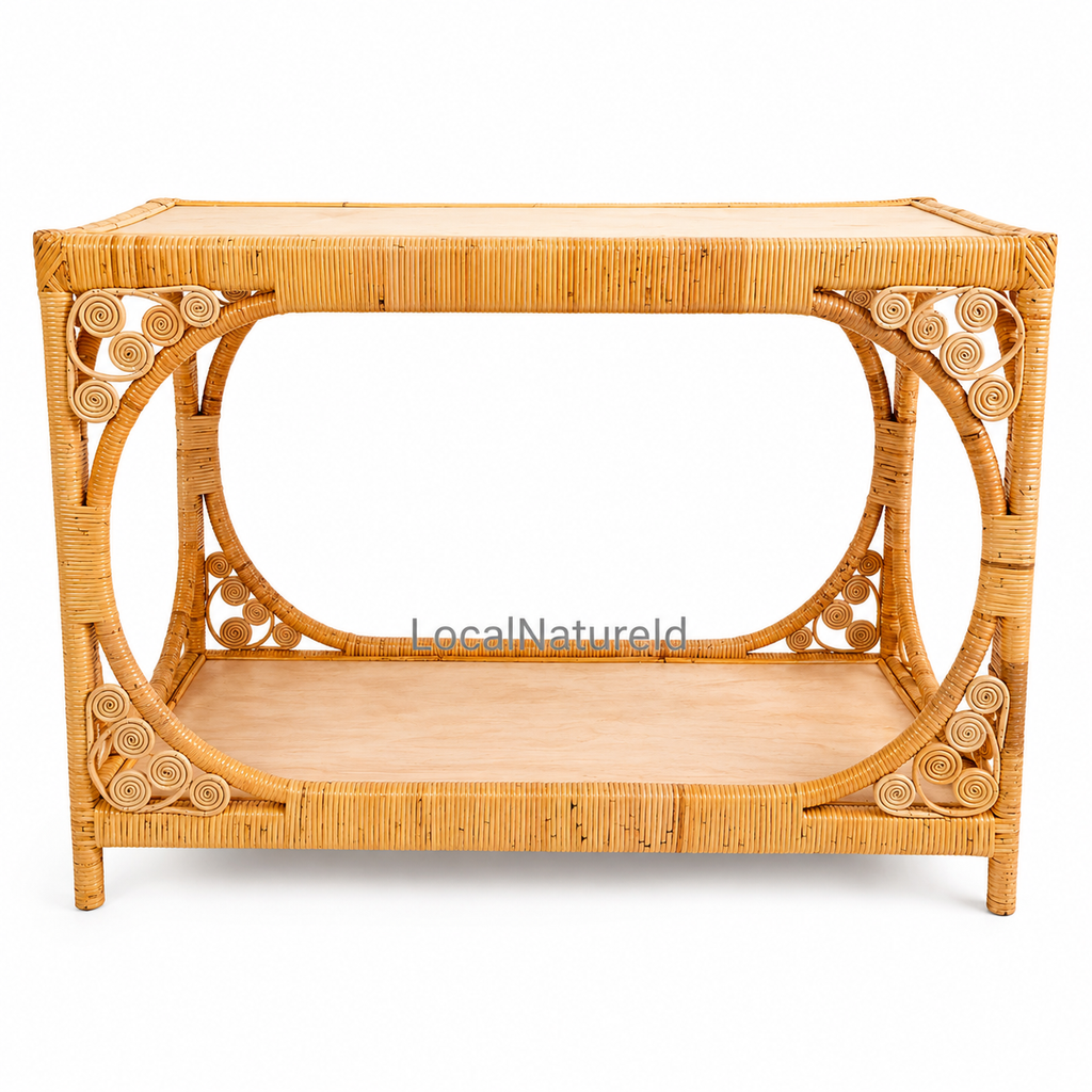 Oval-Framed Rattan Console Table / Luxury 2-Tier Woven Reed Sideboard and Bohemian Entryway Vanity Credenza