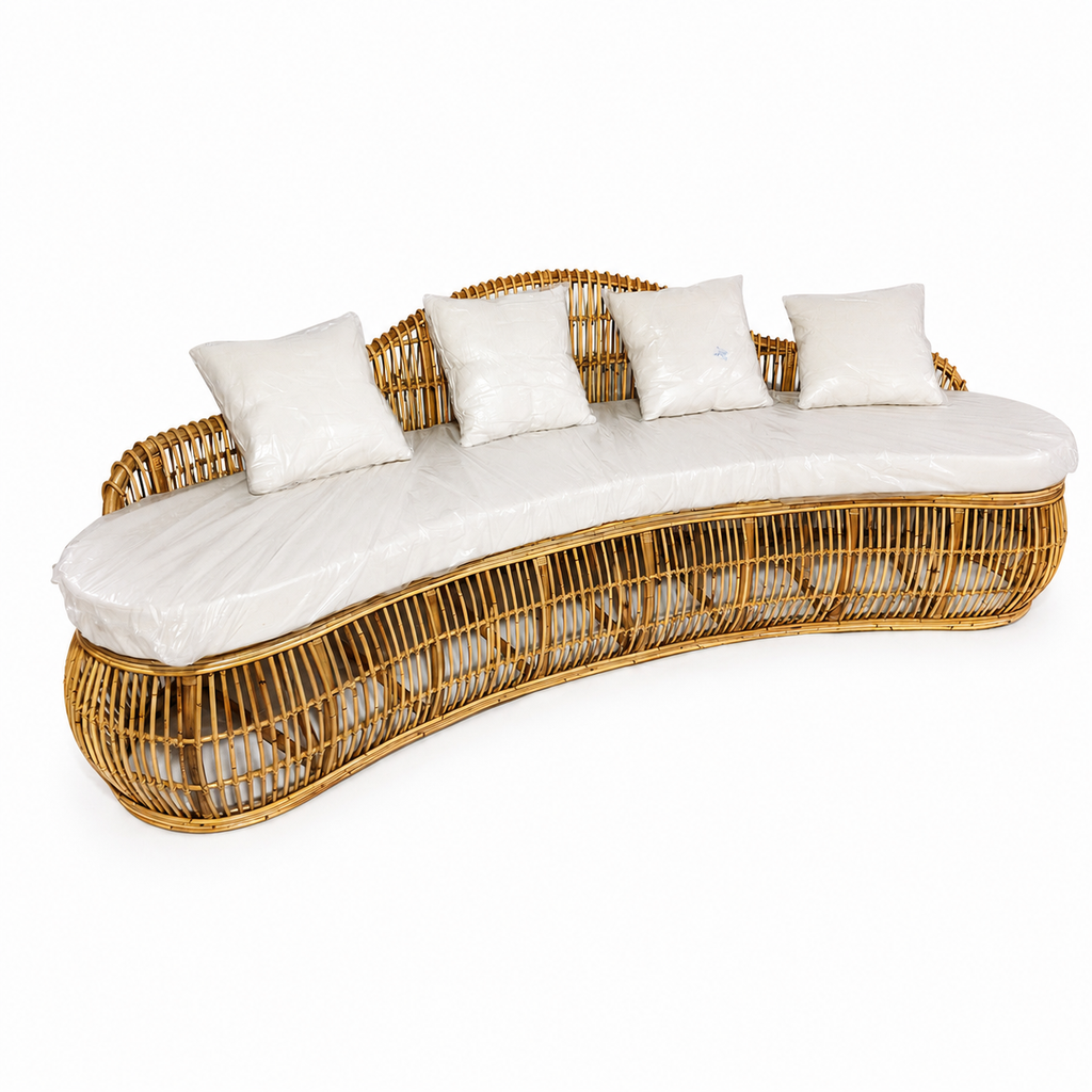 Luxury Curved Natural Rattan Sofa Daybed / Handcrafted Boho Banana-Shape Woven Couch with Cushions