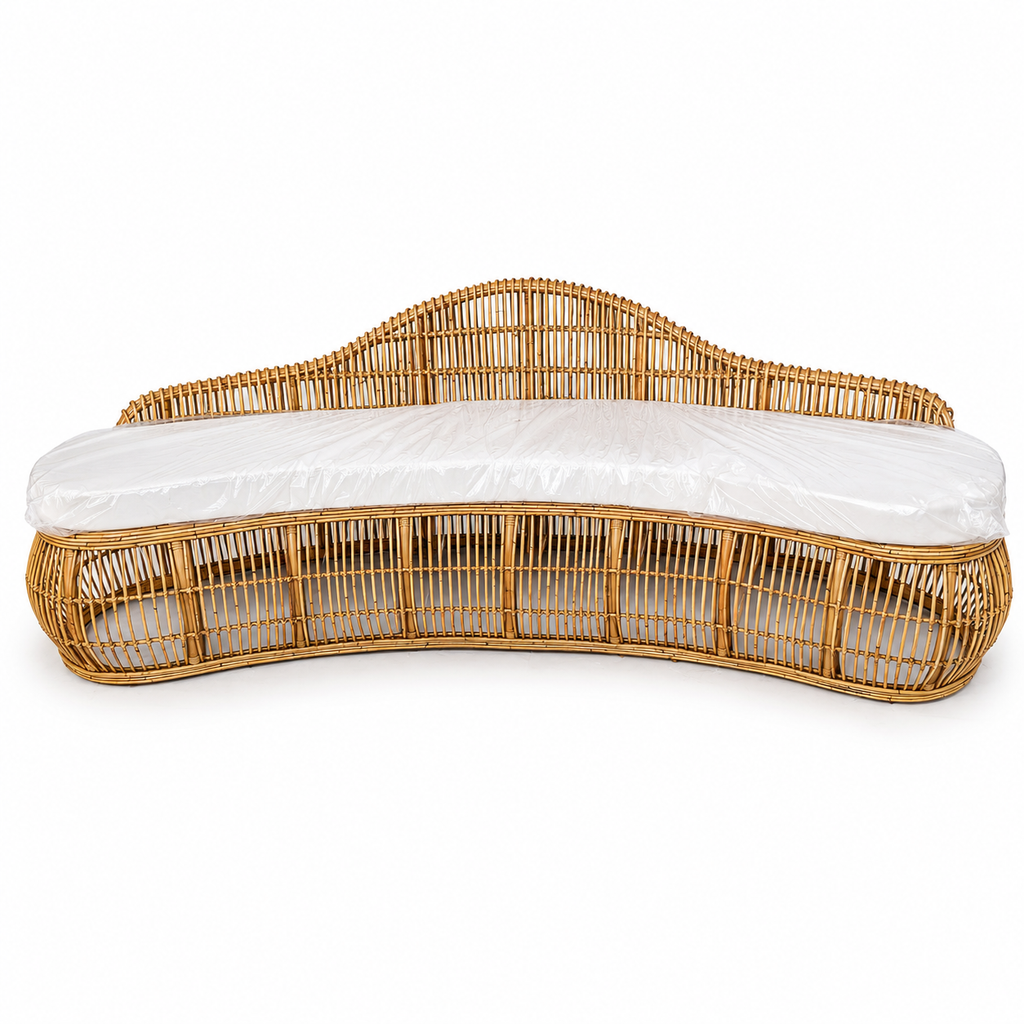 Luxury Curved Natural Rattan Sofa Daybed / Handcrafted Boho Banana-Shape Woven Couch with Cushions
