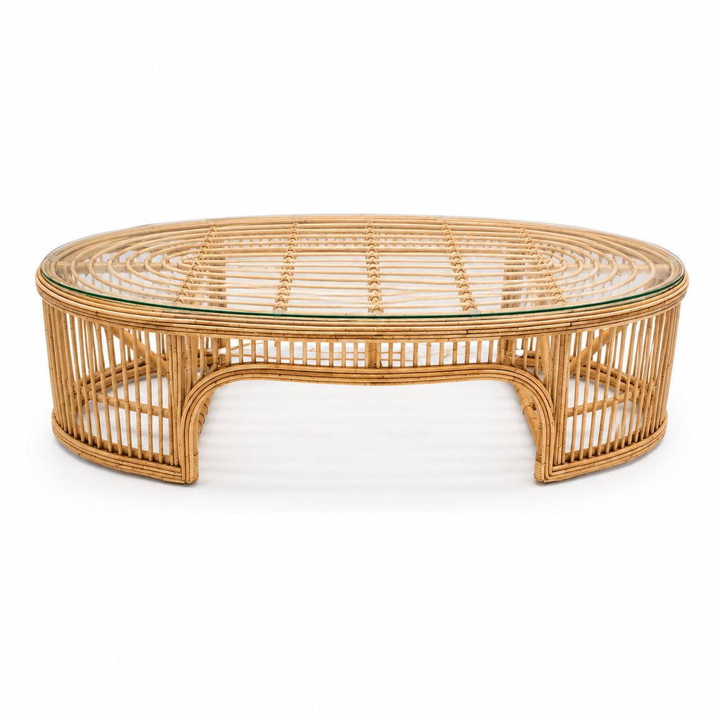 Minimalist Oval Rattan Coffee Table with Glass Top / Handcrafted Woven Cane Center Table for Living Room