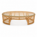 Minimalist Oval Rattan Coffee Table with Glass Top / Handcrafted Woven Cane Center Table for Living Room