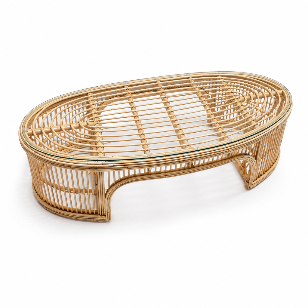 Minimalist Oval Rattan Coffee Table with Glass Top / Handcrafted Woven Cane Center Table for Living Room