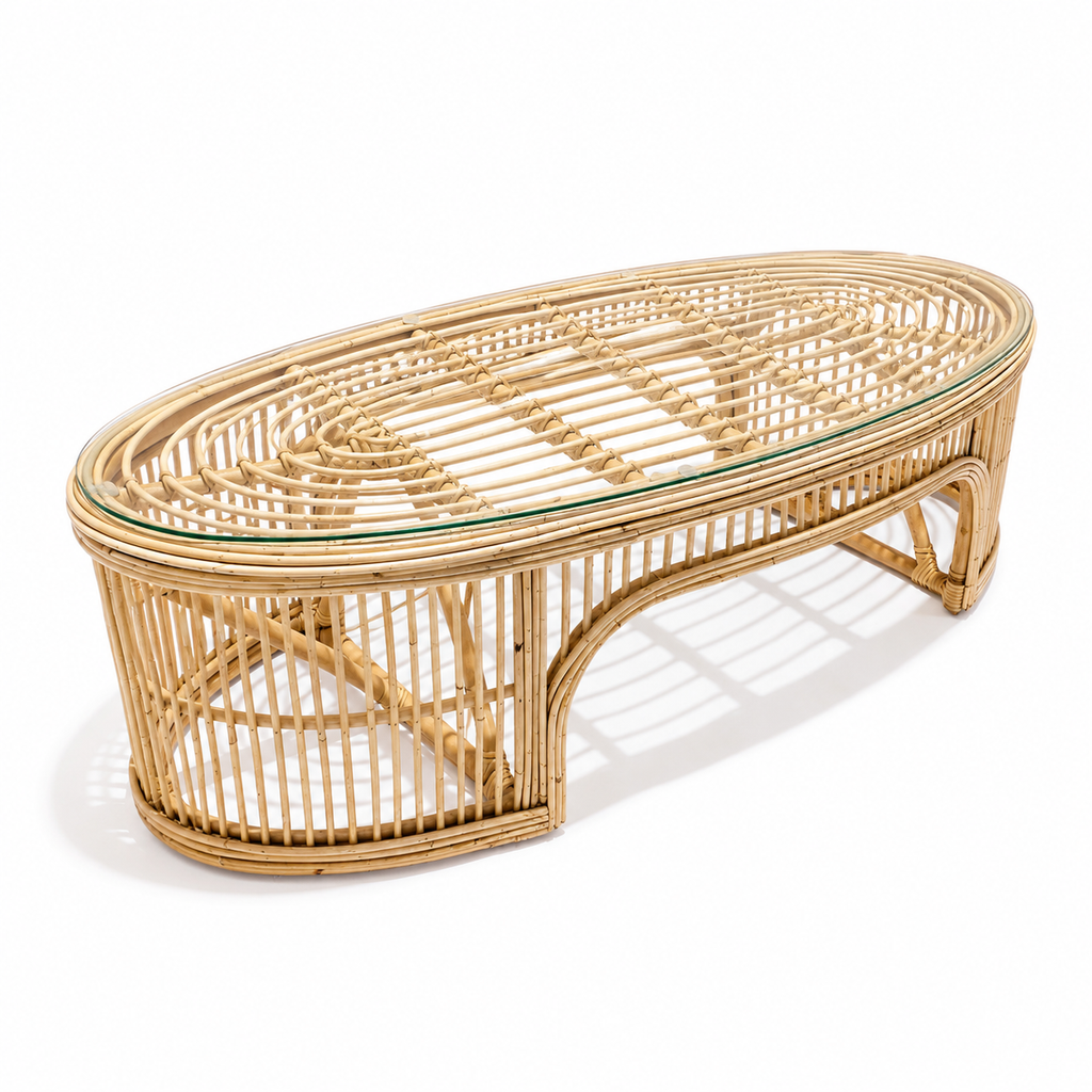 Minimalist Oval Rattan Coffee Table with Glass Top / Handcrafted Woven Cane Center Table for Living Room
