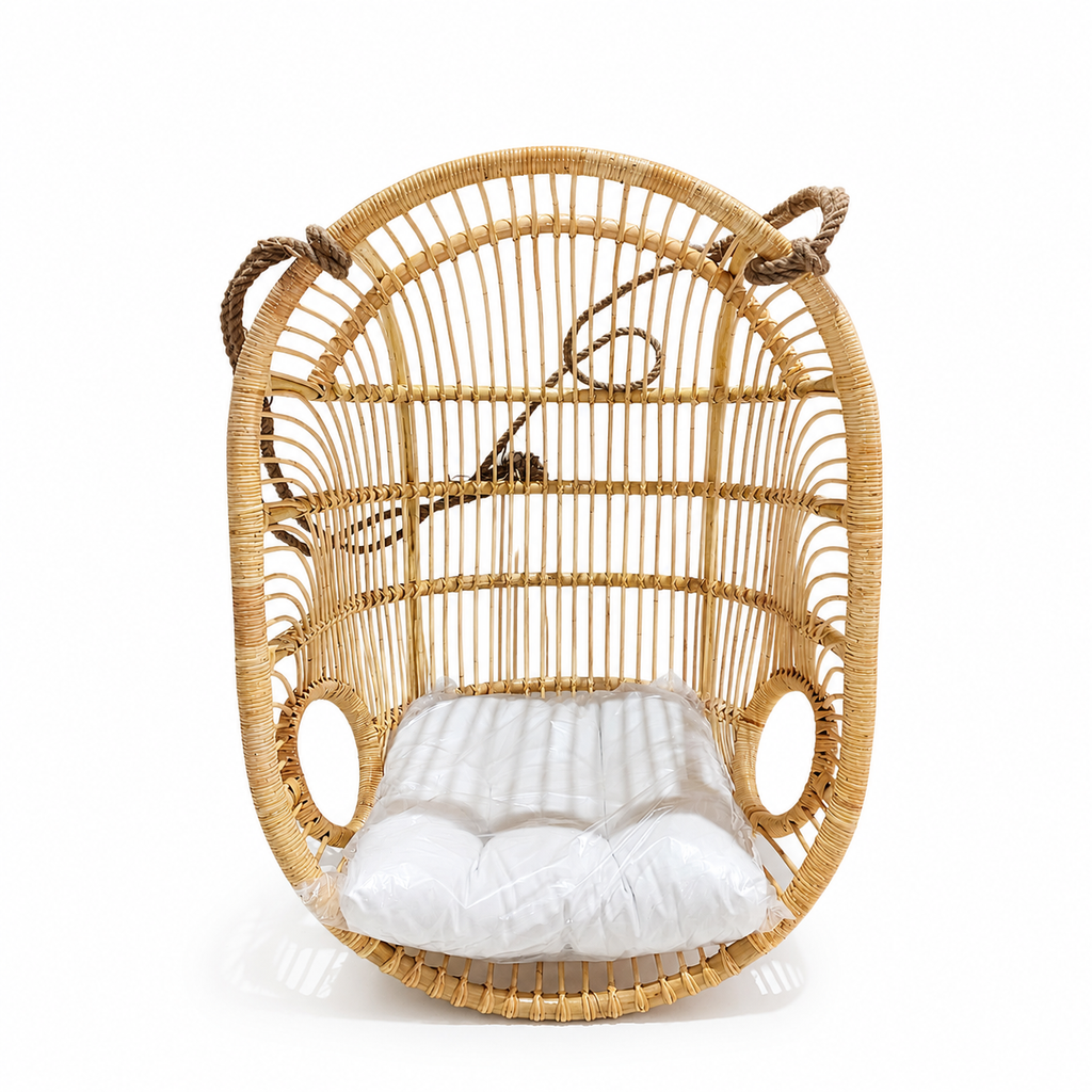 Boho Natural Rattan Hanging Chair with Cushion / Handwoven Basket Swing Chair for Indoor & Covered Patio