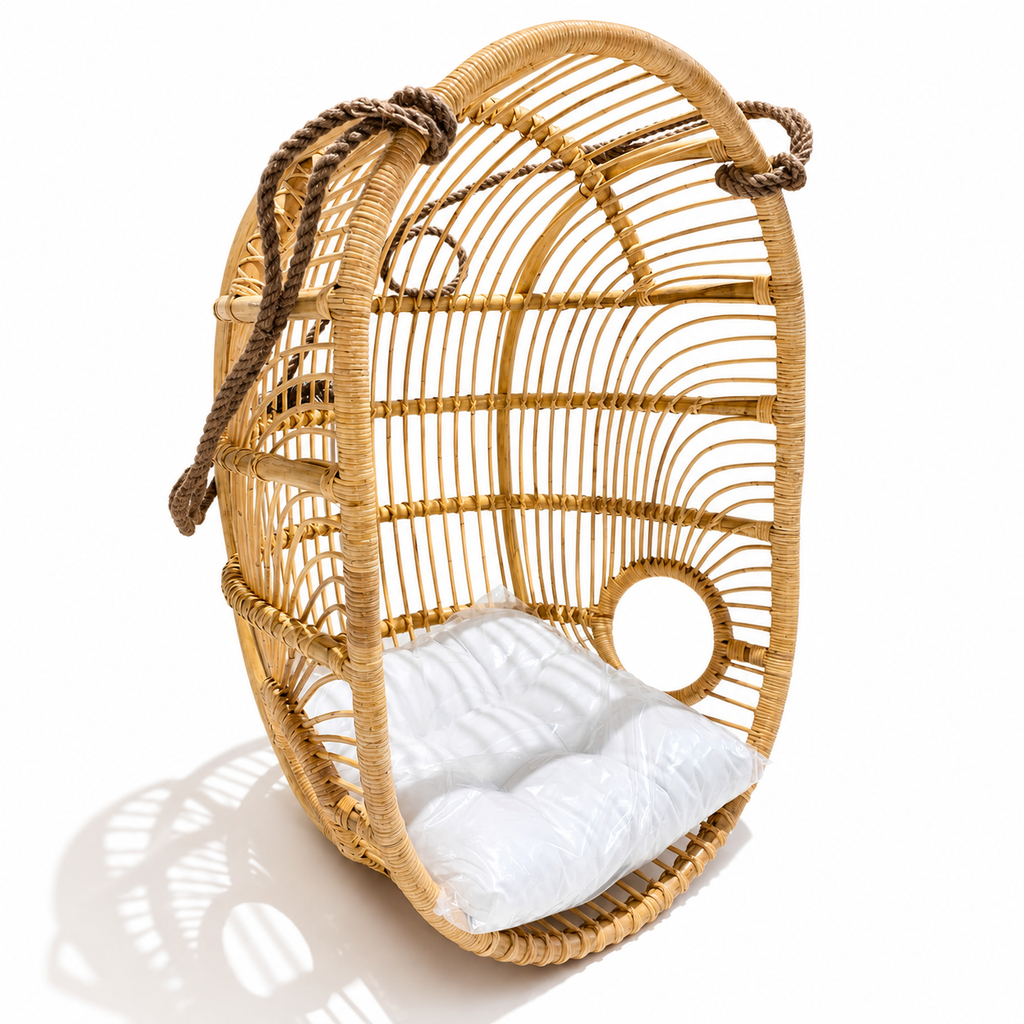 Boho Natural Rattan Hanging Chair with Cushion / Handwoven Basket Swing Chair for Indoor & Covered Patio
