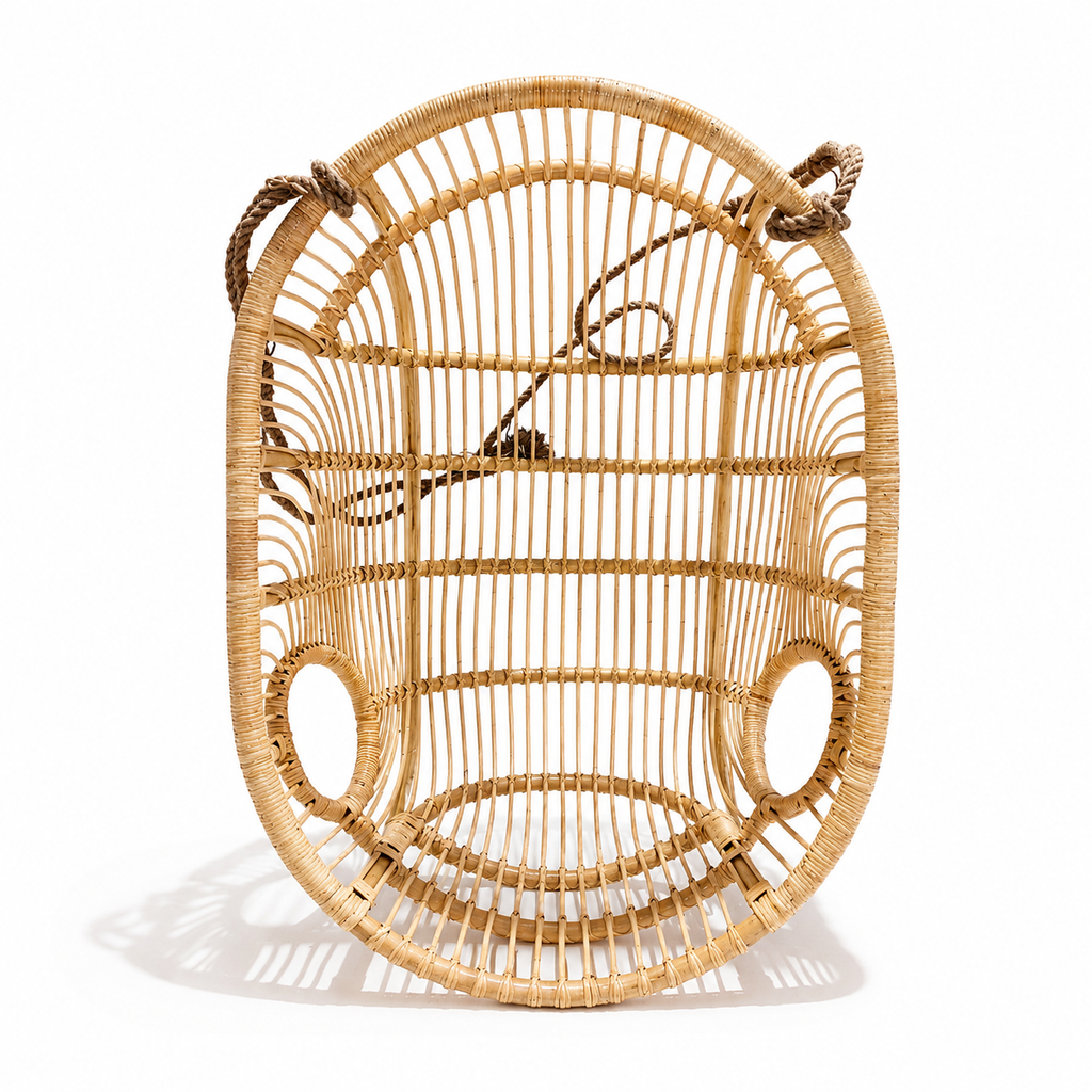 Boho Natural Rattan Hanging Chair with Cushion / Handwoven Basket Swing Chair for Indoor & Covered Patio