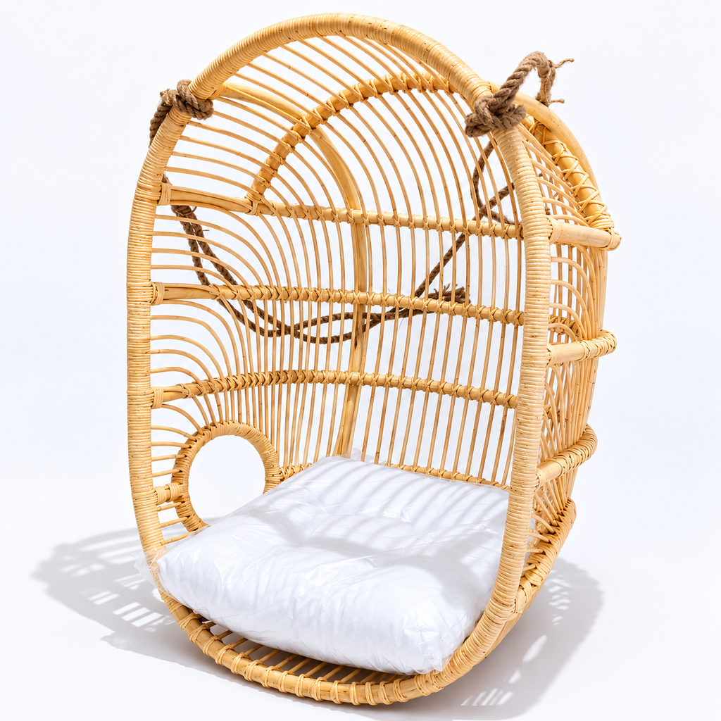 Boho Natural Rattan Hanging Chair with Cushion / Handwoven Basket Swing Chair for Indoor & Covered Patio