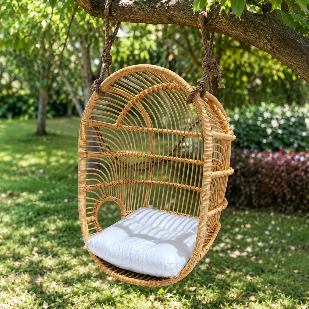 Boho Natural Rattan Hanging Chair with Cushion / Handwoven Basket Swing Chair for Indoor & Covered Patio