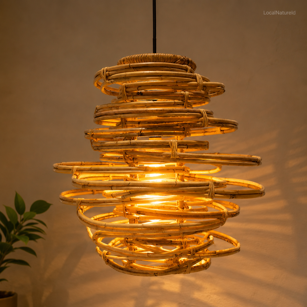 Architectural Multi-Layer Rattan Pendant Light Shade / Modern Geometric Stacked Ring Hanging Lampshade