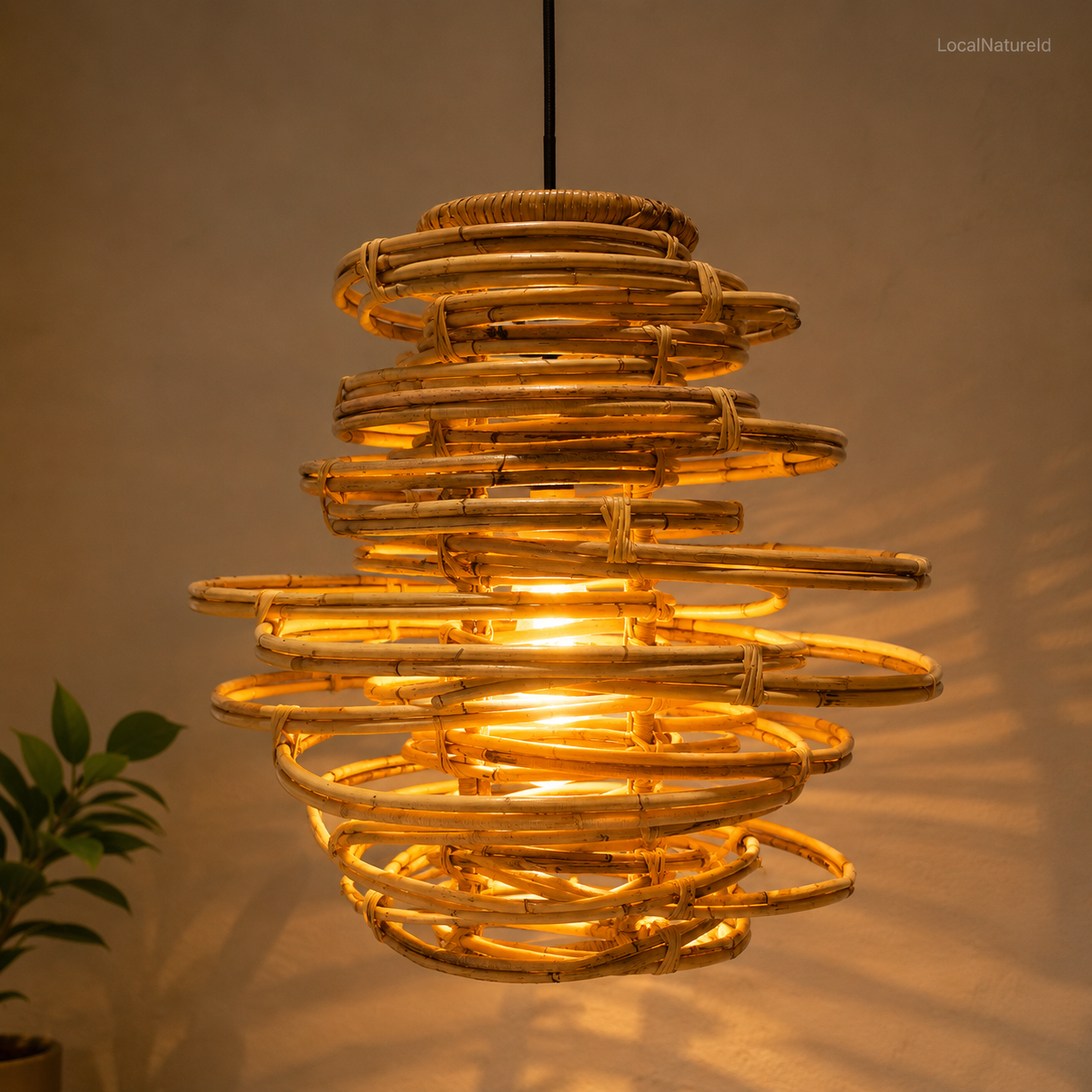 Architectural Multi-Layer Rattan Pendant Light Shade / Modern Geometric Stacked Ring Hanging Lampshade