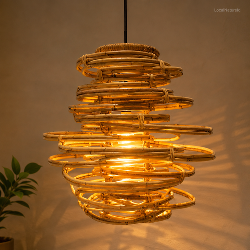 Architectural Multi-Layer Rattan Pendant Light Shade / Modern Geometric Stacked Ring Hanging Lampshade