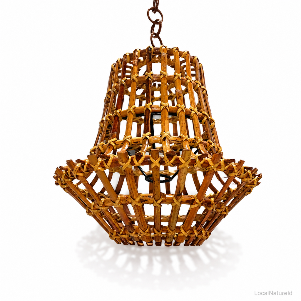Rustic Tiered Rattan Bell Pendant Light Shade / Handwoven Heavy Stick Cane Hanging Lamp Cover