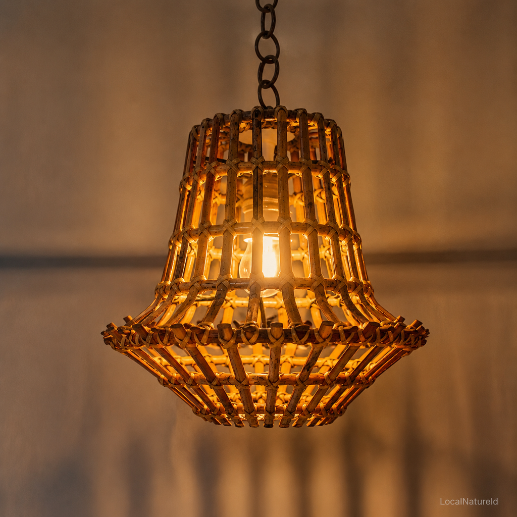 Rustic Tiered Rattan Bell Pendant Light Shade / Handwoven Heavy Stick Cane Hanging Lamp Cover