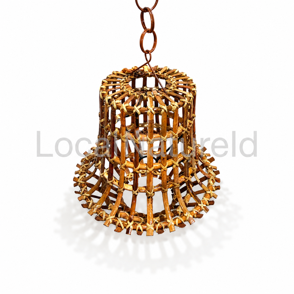 Rustic Tiered Rattan Bell Pendant Light Shade / Handwoven Heavy Stick Cane Hanging Lamp Cover