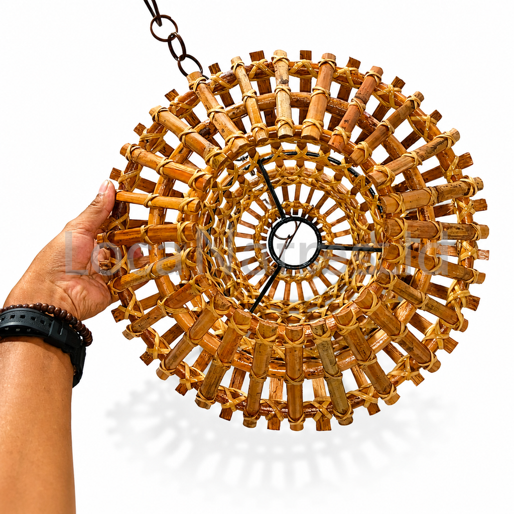 Rustic Tiered Rattan Bell Pendant Light Shade / Handwoven Heavy Stick Cane Hanging Lamp Cover