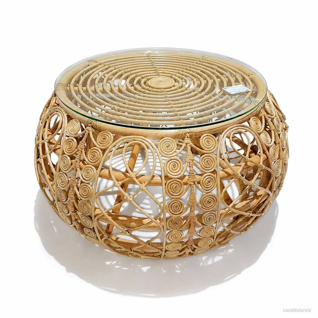 Intricate Round Rattan Coffee Table with Glass Top / Handcrafted Bohemian Spiral Cane Center Table