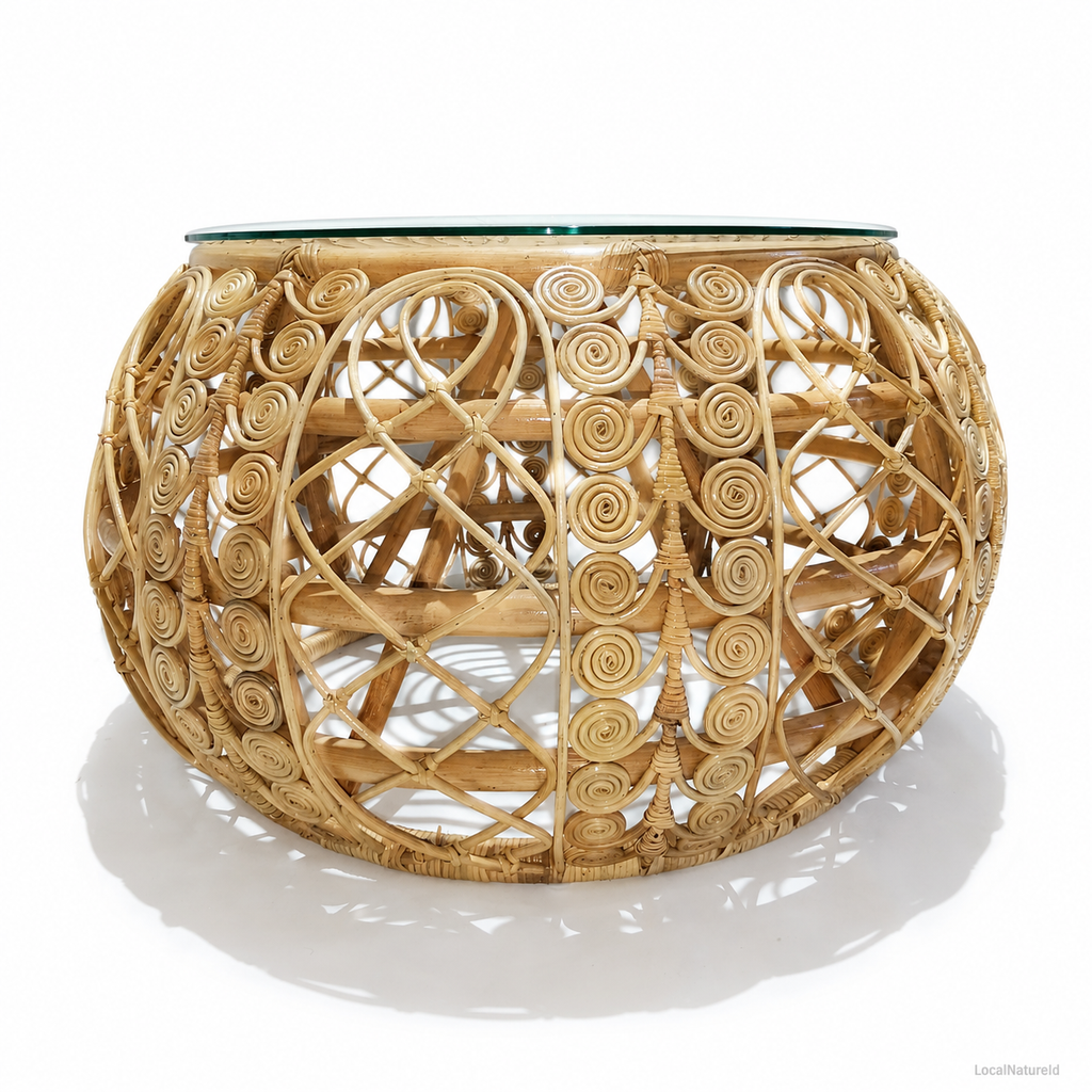 Intricate Round Rattan Coffee Table with Glass Top / Handcrafted Bohemian Spiral Cane Center Table