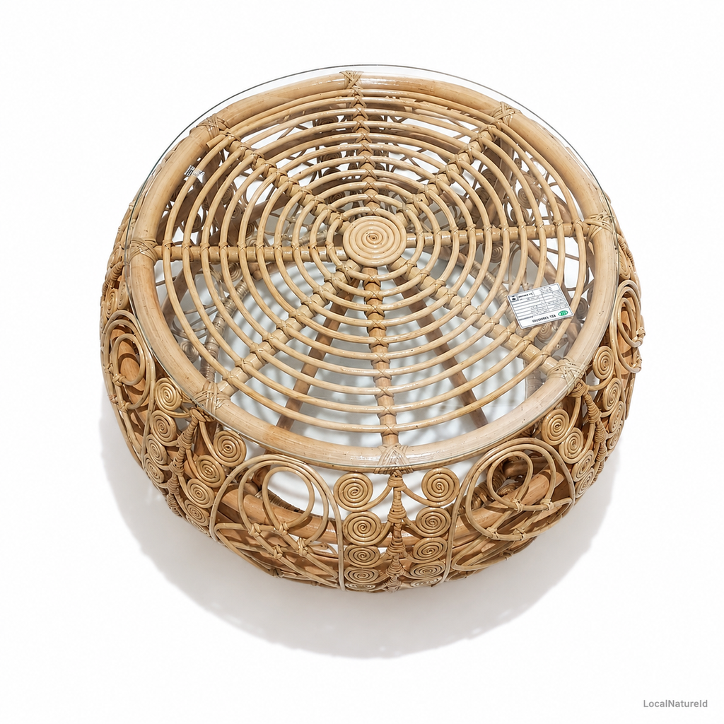 Intricate Round Rattan Coffee Table with Glass Top / Handcrafted Bohemian Spiral Cane Center Table