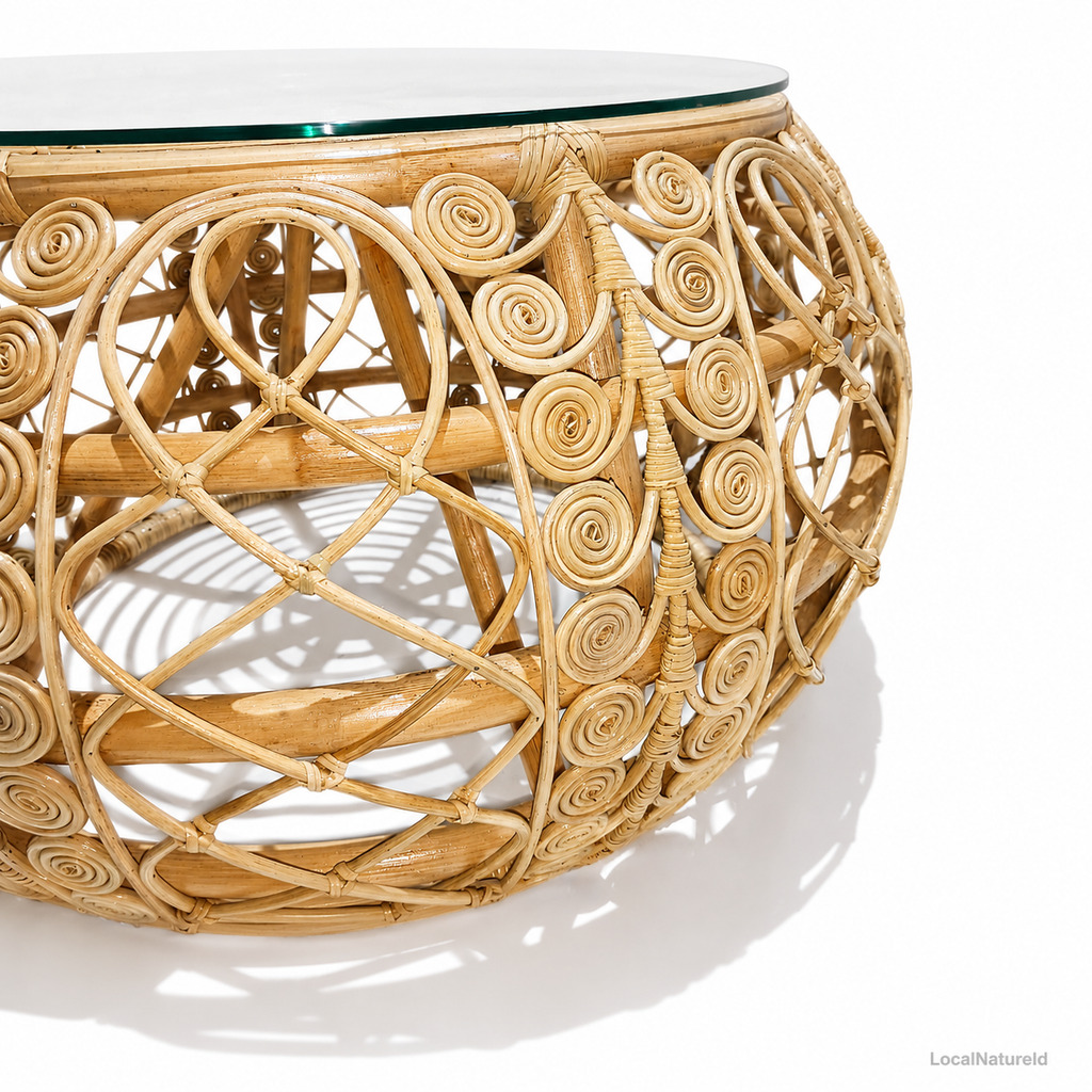 Intricate Round Rattan Coffee Table with Glass Top / Handcrafted Bohemian Spiral Cane Center Table